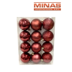 ESFERA DE NAVIDAD DE 6 CM X 12 PCS, TRES DISE�OS EN CARMESI.