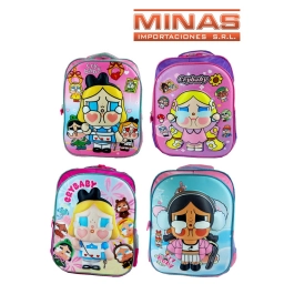 MOCHILA EN RELIEVE, 2 CIERRE, 30 CM X 36 CM, MU�ECA, 4 DISE�OS.