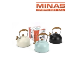 CALDERA AC. INOXIDABLE DE ALTA CALIDAD X 2,5 L, CON ASA DE MADERA, 3 COLORES.