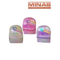 MOCHILA METALIZADA CON CORAZON DE 34 CM X 24 CM,3 COLORES.