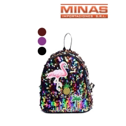 MOCHILA CON FLAMENCO 4 COLORES ROJA FUCSIA NEGRA DORADO 34X28CM