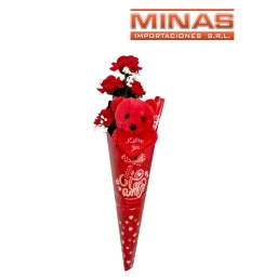CONO DE 58 CM. CON  5 ROSAS ROJAS + PERGAMINO + OSITO DE PELUCHE DE 18 CM.