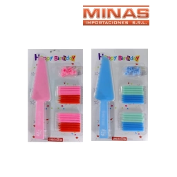 VELAS X 8 UND + 8 PORTAVELAS + PALA DE TORTA, ROSA O CELESTE.