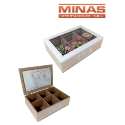 CAJA PORTA TE X 6 SEPARACIONES, 24 CM X 16 CM X 7 CM, TAPA CON FLORES.