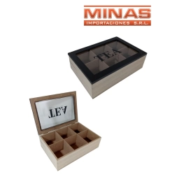 CAJA PORTA TE X 6 SEPARACIONES, 24 CM X 16 CM X 7 CM, TAPA NEGRA.