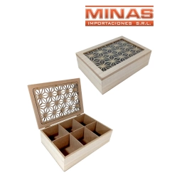 CAJA PORTA TE X 6 SEPARACIONES, 24 CM X 16 CM X 7 CM, TAPA BEIGE.