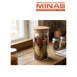 FRASCO DE VIDRIO HERMETICO CON TAPA DE MADERA  10 X 20 CM