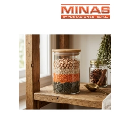 FRASCO DE VIDRIO HERMETICO CON TAPA DE MADERA  11 X 16 CM