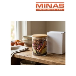 FRASCO DE VIDRIO HERMETICO CON TAPA DE MADERA  11 X 11 CM