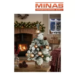 ARBOL VERDE CON NIEVE Y ADORNOS DORADOS Y BLANCOS X 60 CM.