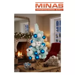 ARBOL VERDE AGUA CON NIEVE Y ADORNOS BLANCOS Y AZULES X 60 CM.