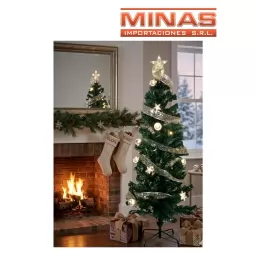 ARBOL CON F.OPTICA CON ADORNOS Y CINTA + 160 LUCES X 150 CM, CON BASE DE METAL.