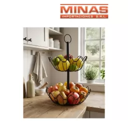 CANASTO FRUTERO REDONDO, DE 2 NIVELES, 30 CM X 42 CM, DE METAL NEGRO.