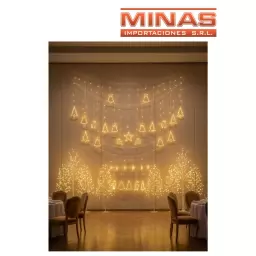 CORTINA NAVIDE�A CON 12 CAMPANAS,RENOS Y PINOS X 3 M, CALIDA, 220 V.