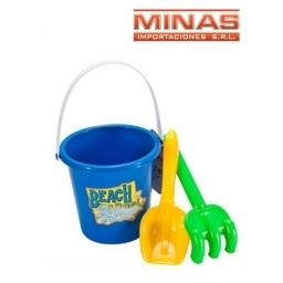 BALDE PARA PLAYA + PALA Y RASTRILLO, 2 COLORES 16 CM X 16 CM.
