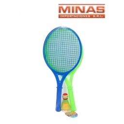 RAQUETA 2  X 46 CM + 2 PELOTAS + PLUMIN,VERDE Y AZUL.