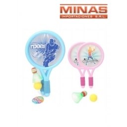 RAQUETA 2  X 44 CM.+ 2 PELOTAS + PLUMIN, ROSA Y CELESTE.