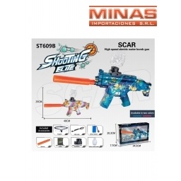 ARMA SCAR RECARGABLE LANZA ORBITS X 48 CM + 5.000 ORBITS + GAFAS + SILENCIADOR, 2 COLORES.