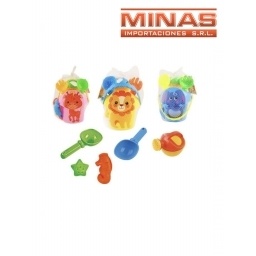 BALDE PARA PLAYA ANIMALES + 5 PCS, 3 MODELOS 24 CM X 16 CM.