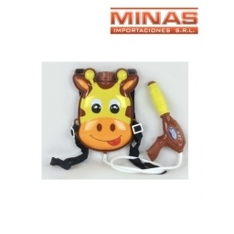 MOCHILA DE AGUA CON PISTOLA, JIRAFA, 36 CM X 30 CM.