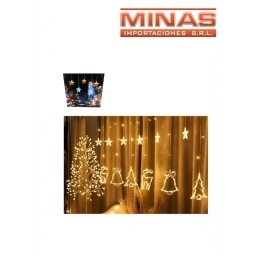 CORTINA NAVIDEA CON 12 CAMPANAS,RENOS Y PINOS X 3 M, CALIDA, 220 V.