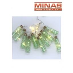 GUIRNALDA LED DE 10 BOTELLITAS, A PILA, CON GLITER VERDE.