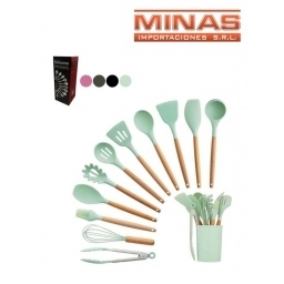 SET DE MENAGE DE SILICONA X 12 PCS, CON MANGO DE MADERA.