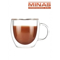TAZA DOBLE VIDRIO CON ASA DE 250 ML, EN CAJA.