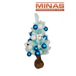 ARBOL VERDE AGUA CON NIEVE Y ADORNOS BLANCOS Y AZULES X 60 CM.