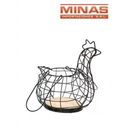 GALLINA PORTA HUEVOS DE METAL NEGRO CON MADERA.