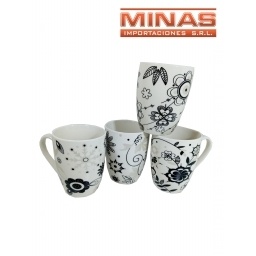 TAZA DE CERAMICA X 380 mI,BLANCA CON FLORES NEGRAS.