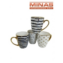 TAZA DE CERAMICA X 350 mI, DETALLES DORADO Y NEGRO.
