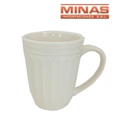 TAZA DE CERAMICA X 350 mI,BLANCA CON LINEAS VERTICALES.