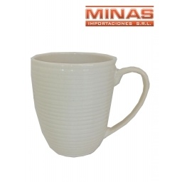 TAZA DE CERAMICA X 350 mI,BLANCA CON LINEAS HORIZONTALES.