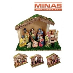 PESEBRE DE MADERA X 25 CM CON 9 FIGURAS DE RESINA, 4 DISEOS.
