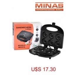 MAQUINA PARA 6 MINI DONAS, 750 W, PLACA ANTIADHERENTE, COLOR NEGRO.