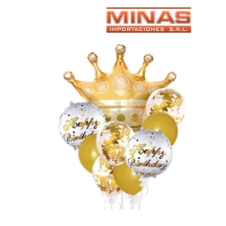 GLOBO CON CORONA X 9 PCS,ALUMINIO Y LATEX.