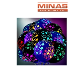 GLOBOS FLUOR NEON X 10 UND,NEGRO CON ESTRELLAS, BRILLAN CON LUZ UV.
